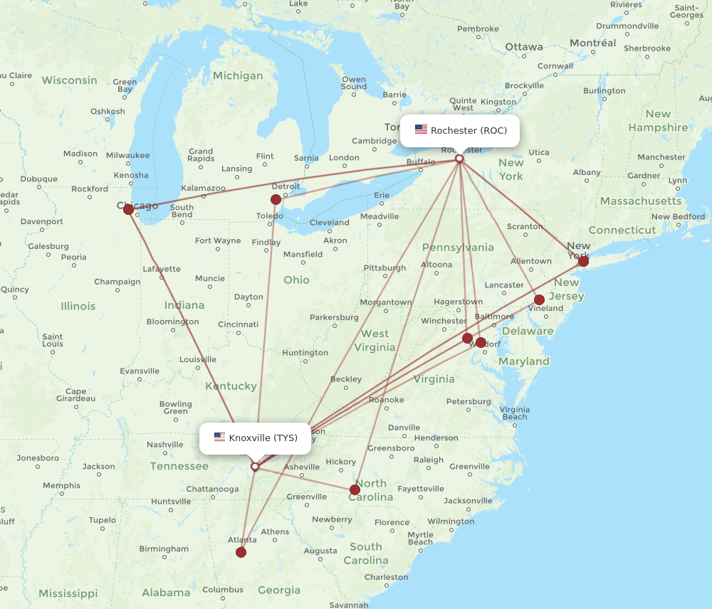 TYS-ROC flight routes