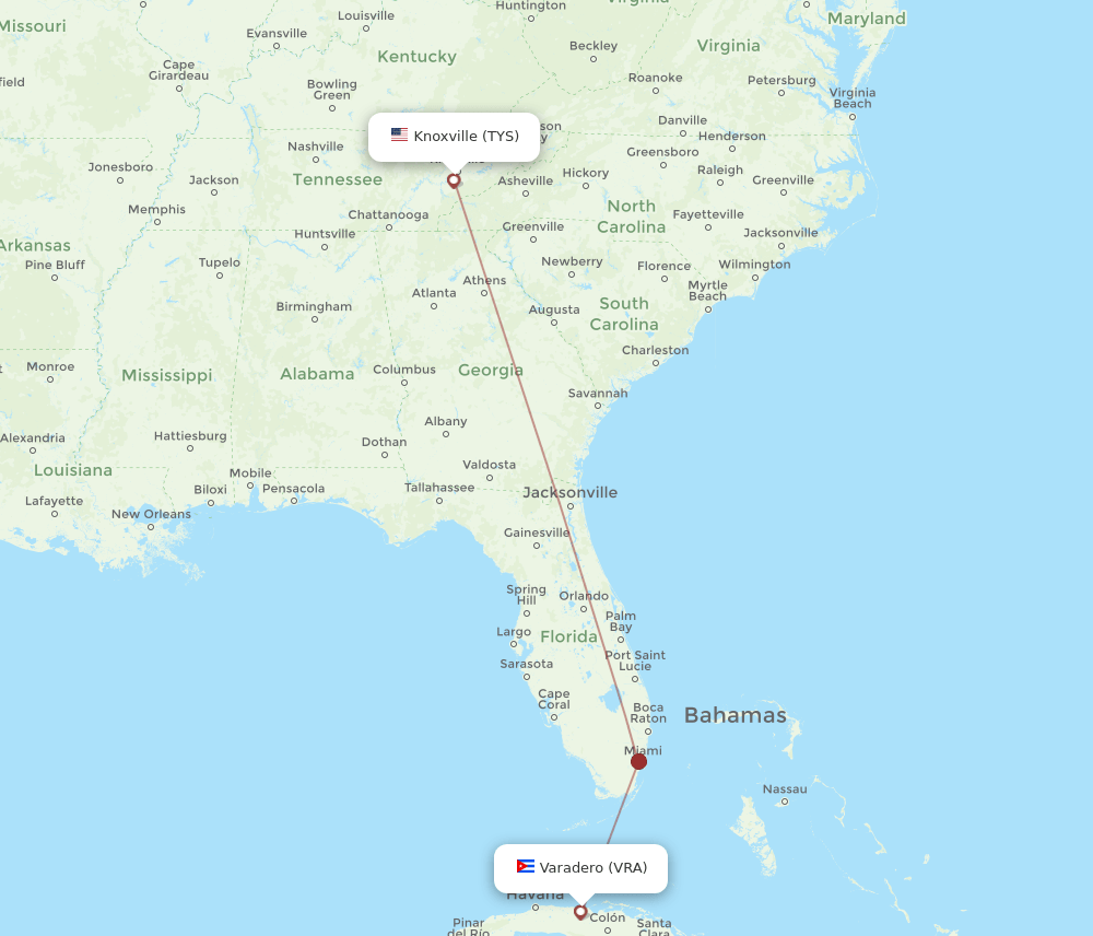 Knoxville - Varadero route map and flight paths