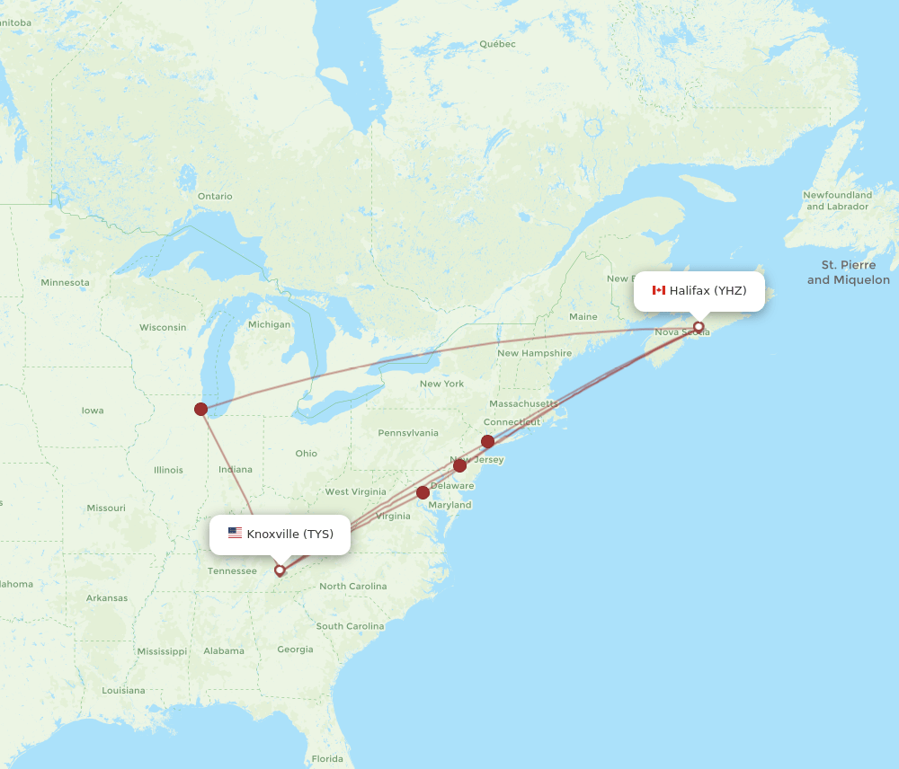 TYS to YHZ flights and routes map