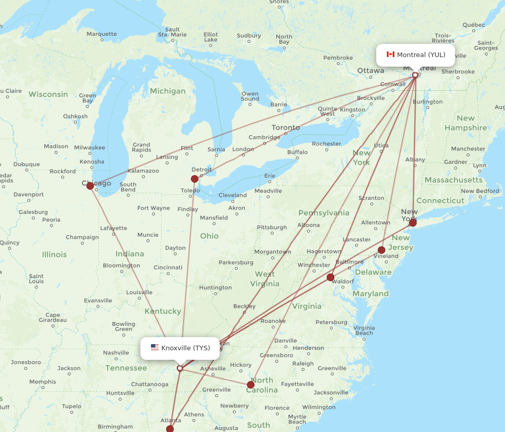 Montreal - Knoxville route map and flight paths
