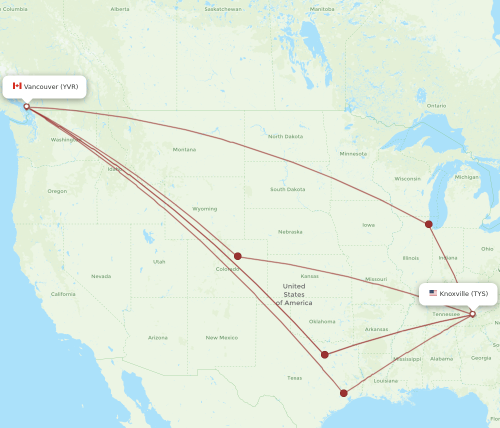 YVR to TYS flights and routes map
