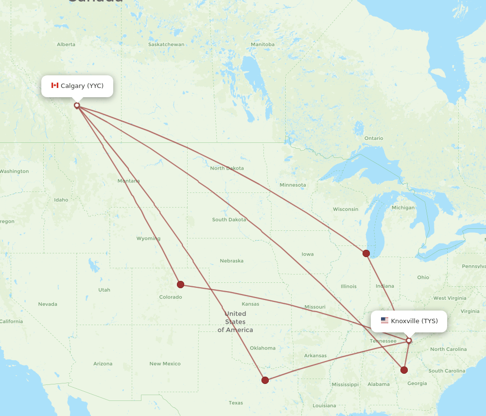 Calgary - Knoxville route map and flight paths