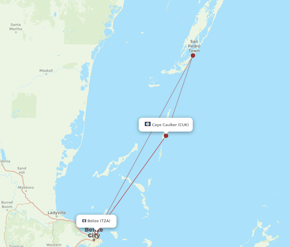 TZA to CUK flights and routes map