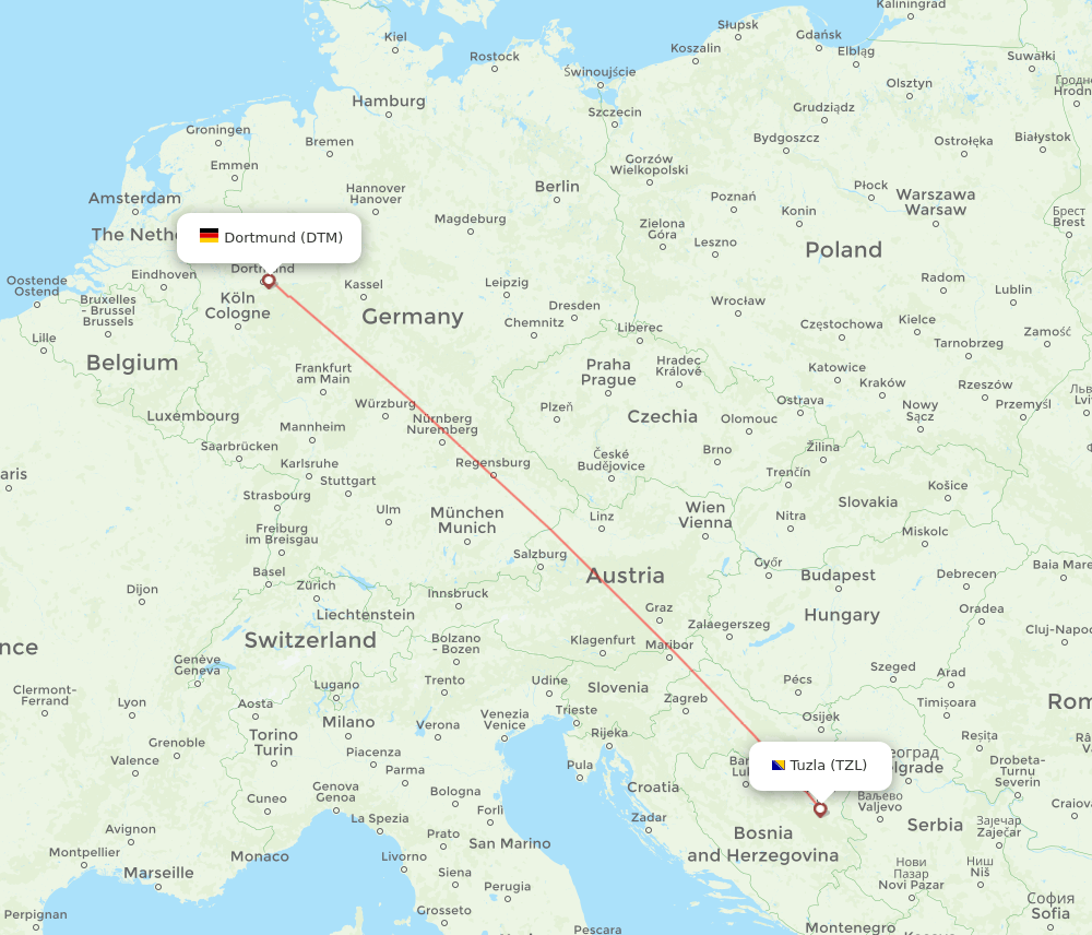 Tuzla - Dortmund route map and flight paths