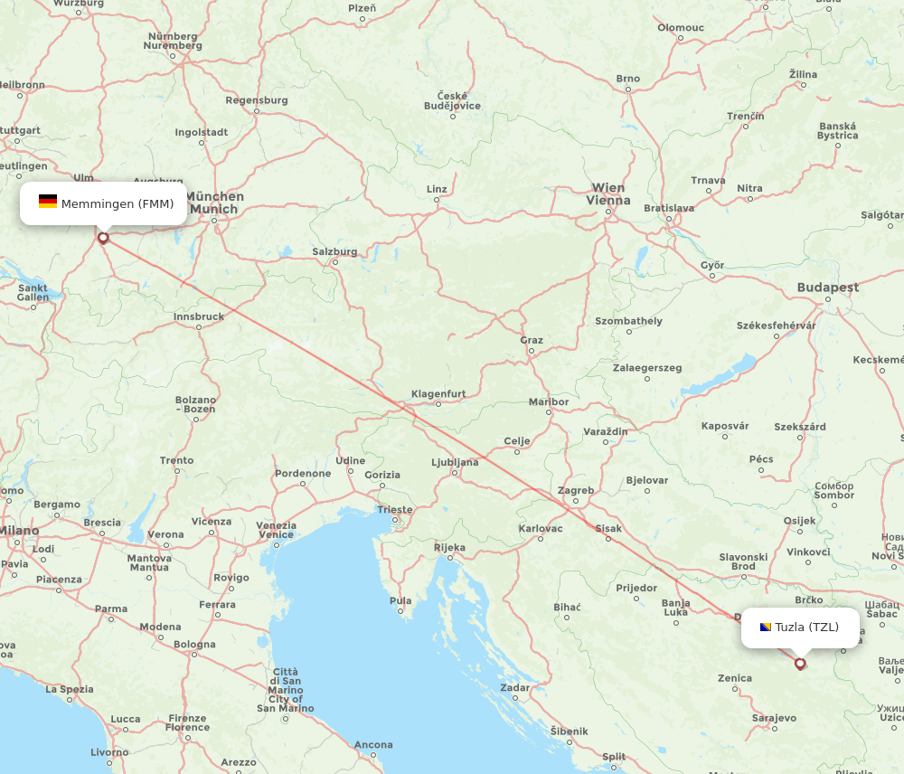 Tuzla - Memmingen route map and flight paths