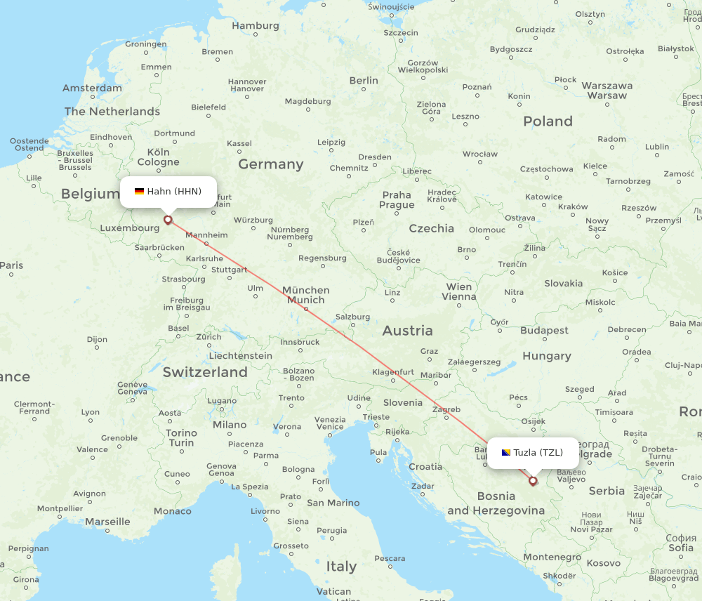 Tuzla - Hahn route map and flight paths