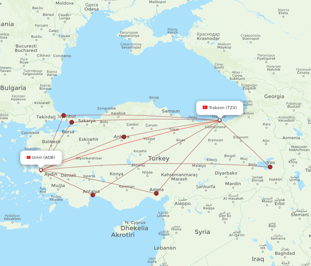 TZX to ADB flights and routes map