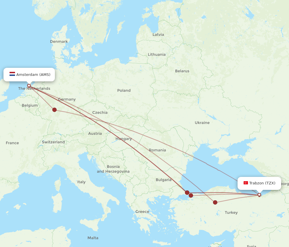 TZX to AMS flights and routes map