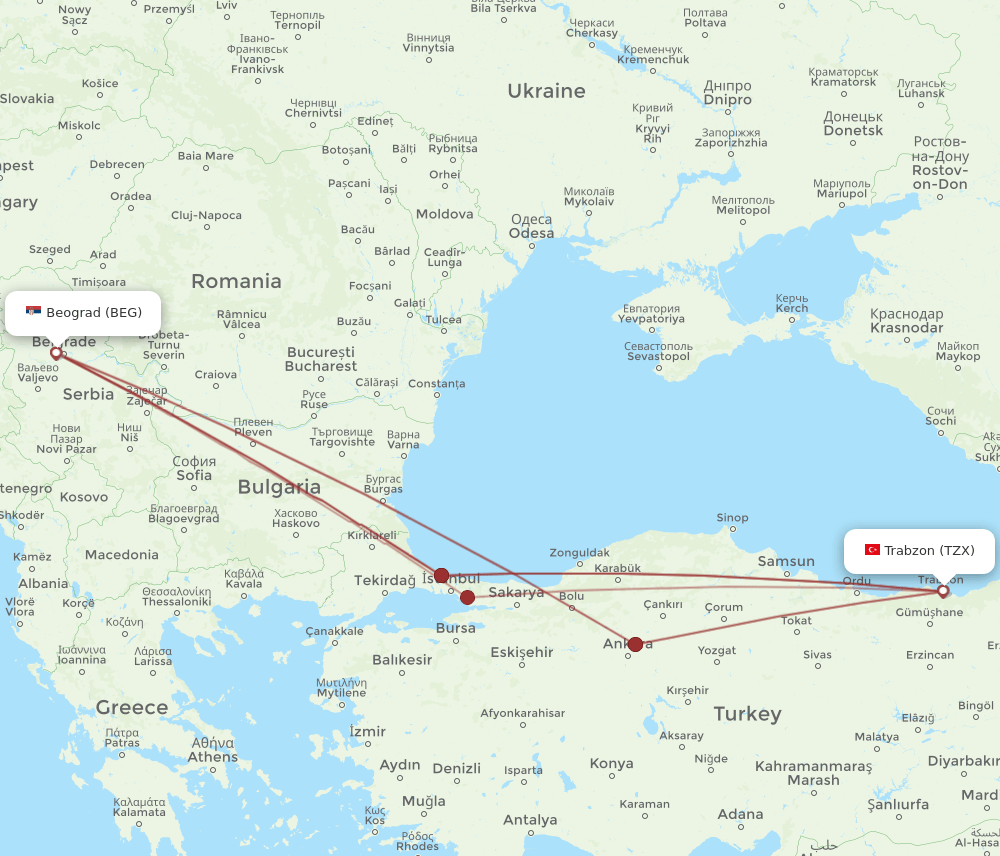TZX to BEG flights and routes map