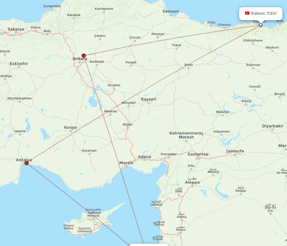 TZX to BEY flights and routes map