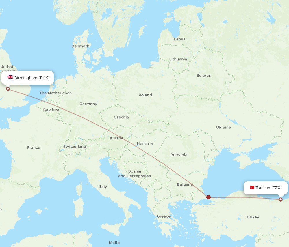 TZX-BHX flight routes