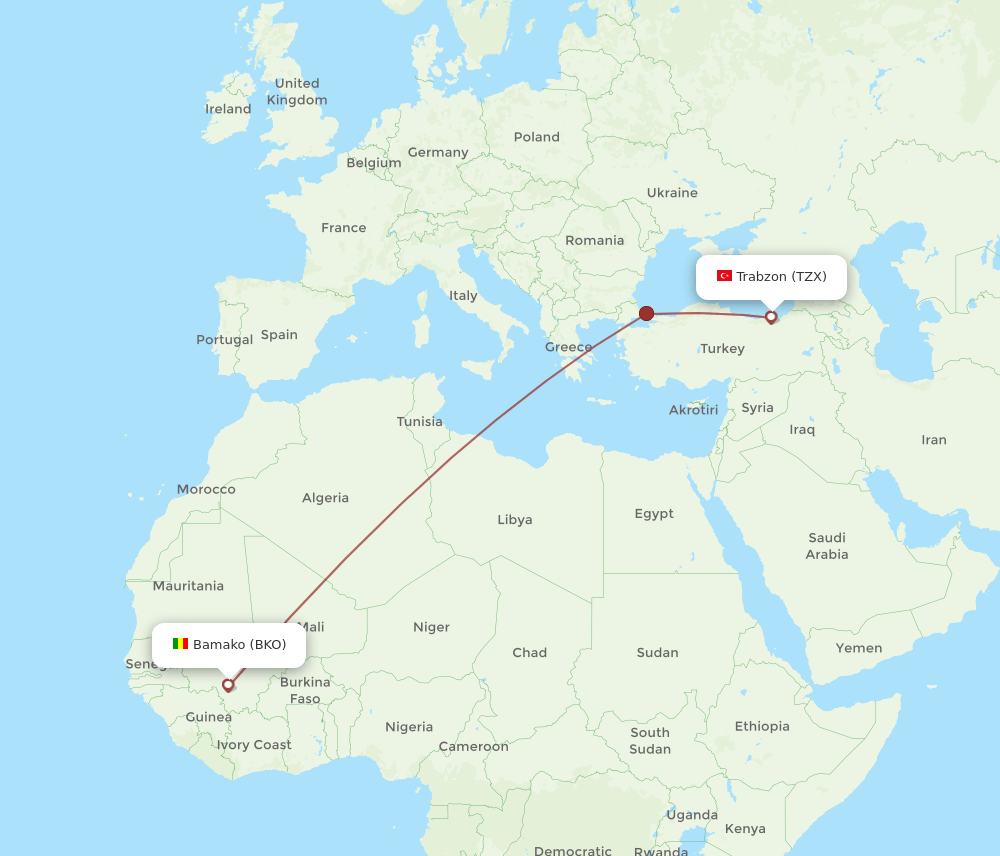 TZX to BKO flights and routes map