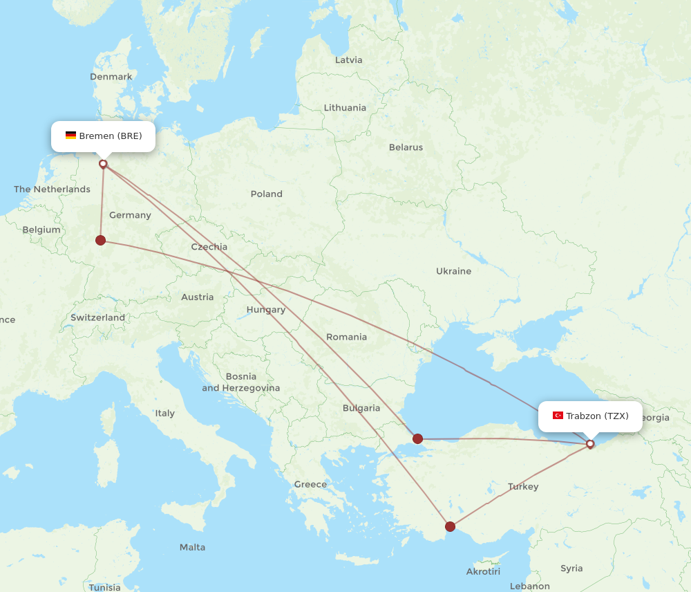 TZX to BRE flights and routes map