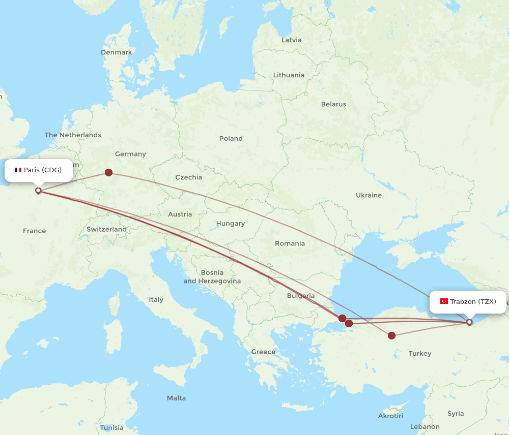 TZX to CDG flights and routes map