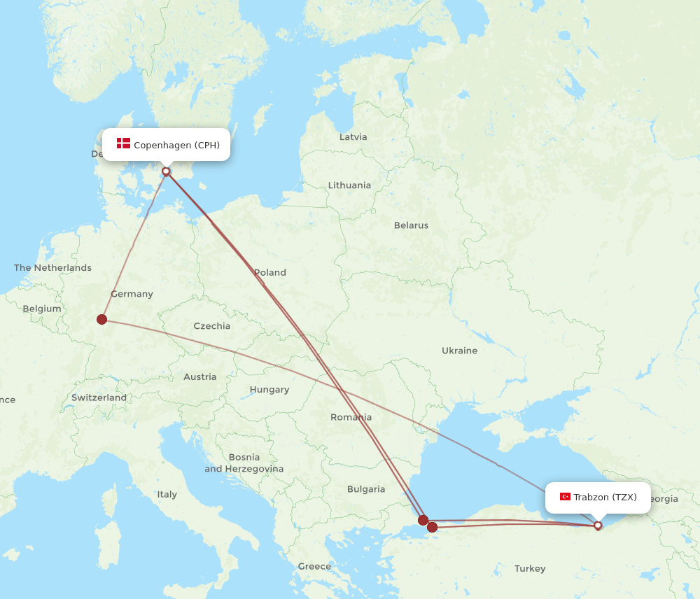 TZX-CPH flight routes