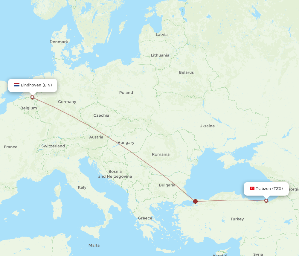 TZX to EIN flights and routes map