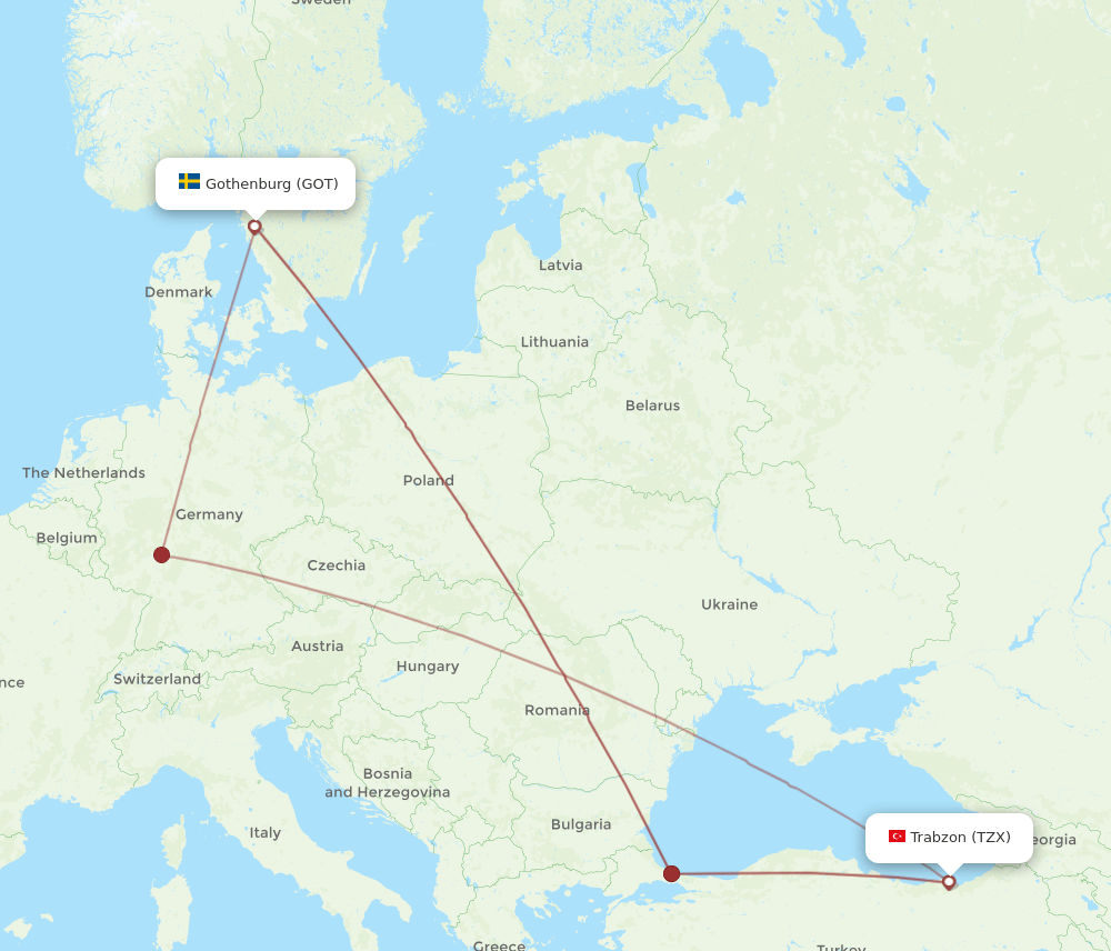 TZX to GOT flights and routes map