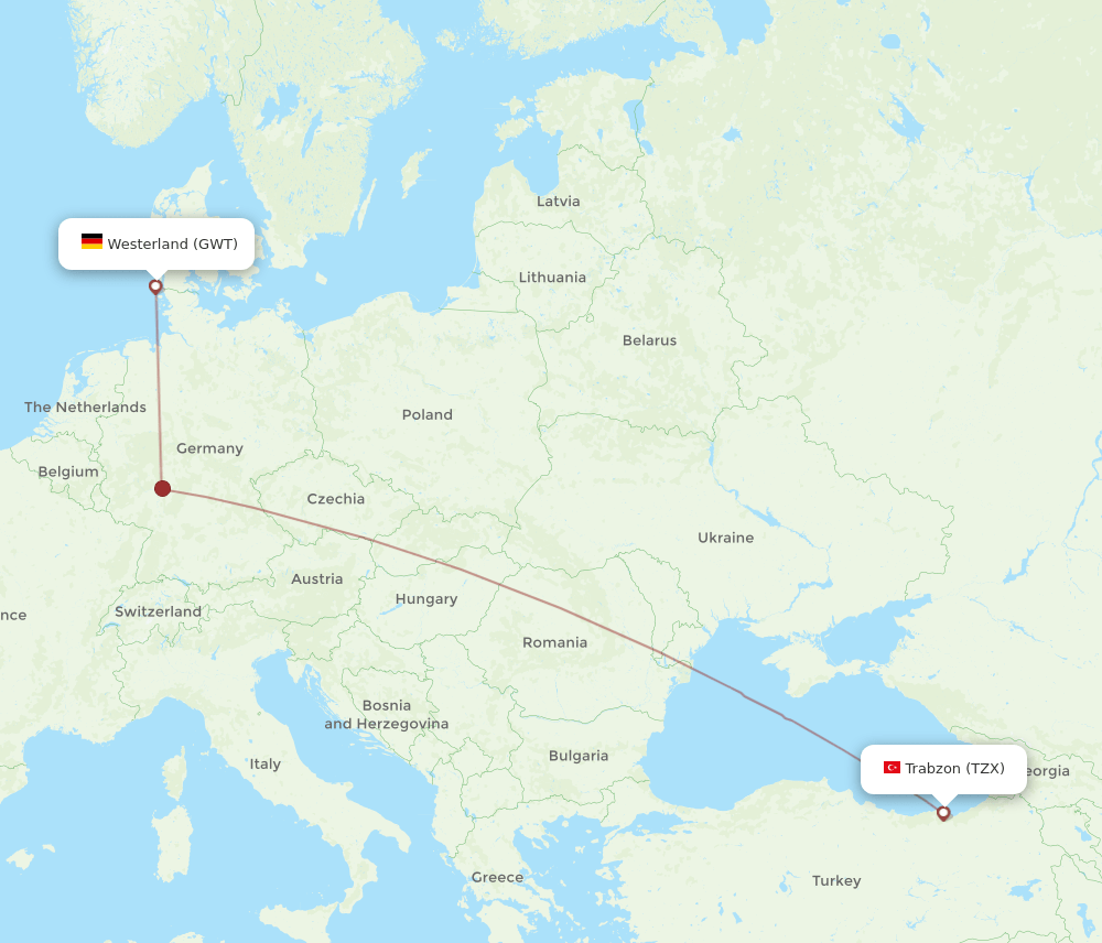 Trabzon - Westerland route map and flight paths