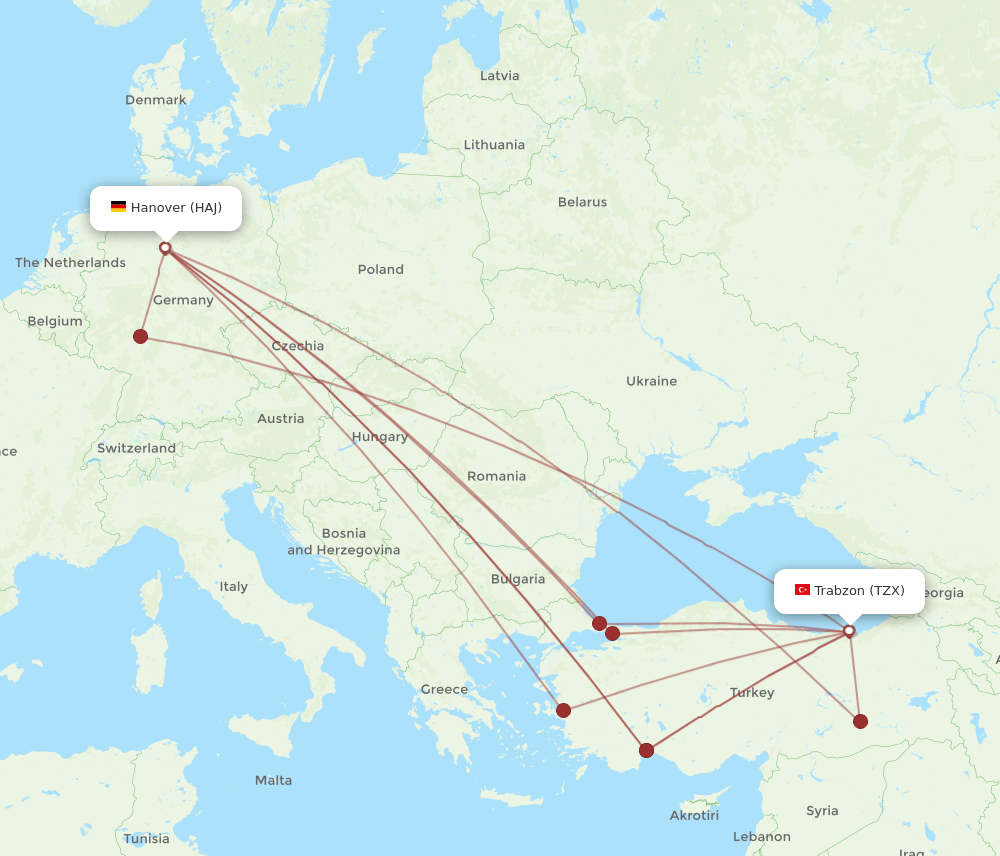 TZX to HAJ flights and routes map