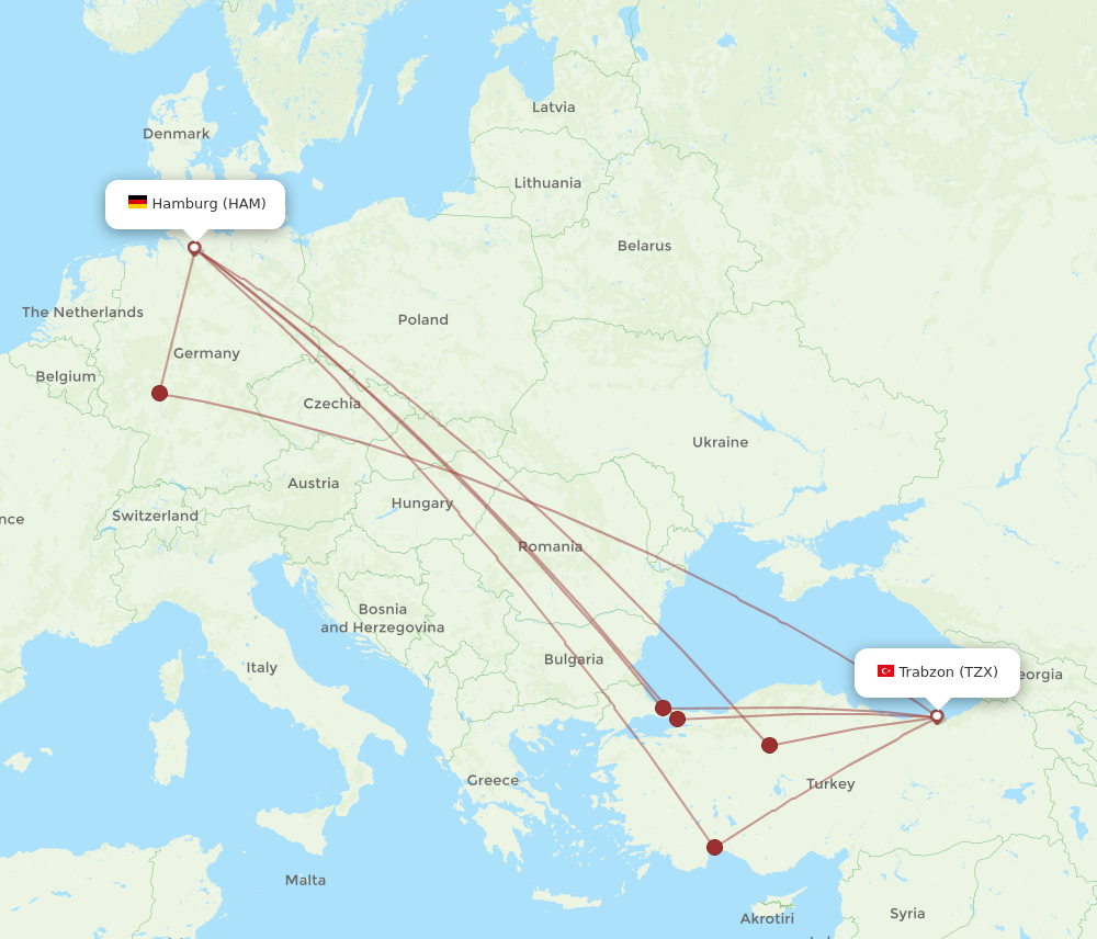 TZX to HAM flights and routes map
