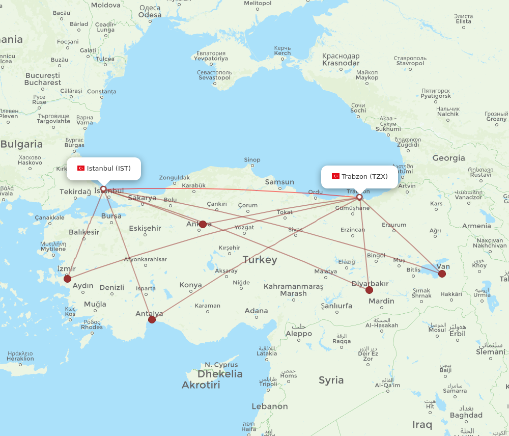 TZX to IST flights and routes map