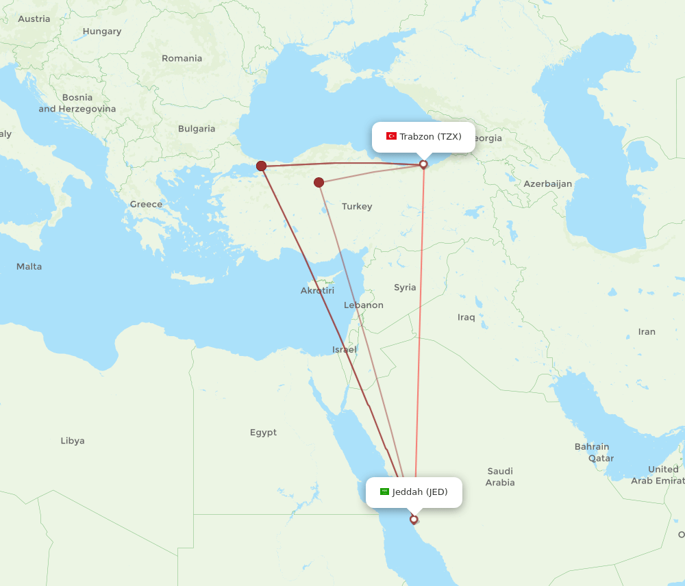 TZX to JED flights and routes map