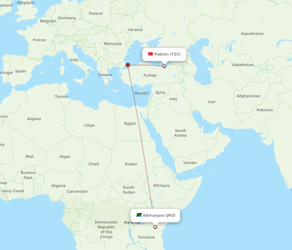 Kilimanjaro - Trabzon route map and flight paths