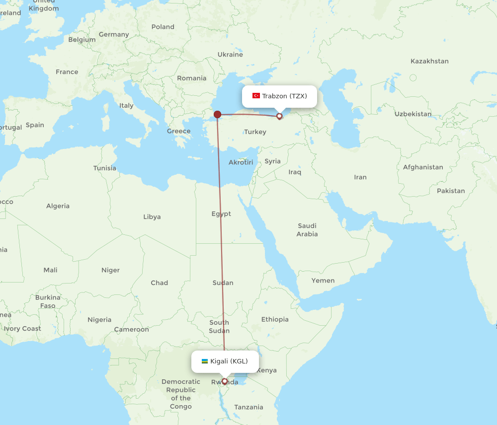 Kigali - Trabzon route map and flight paths