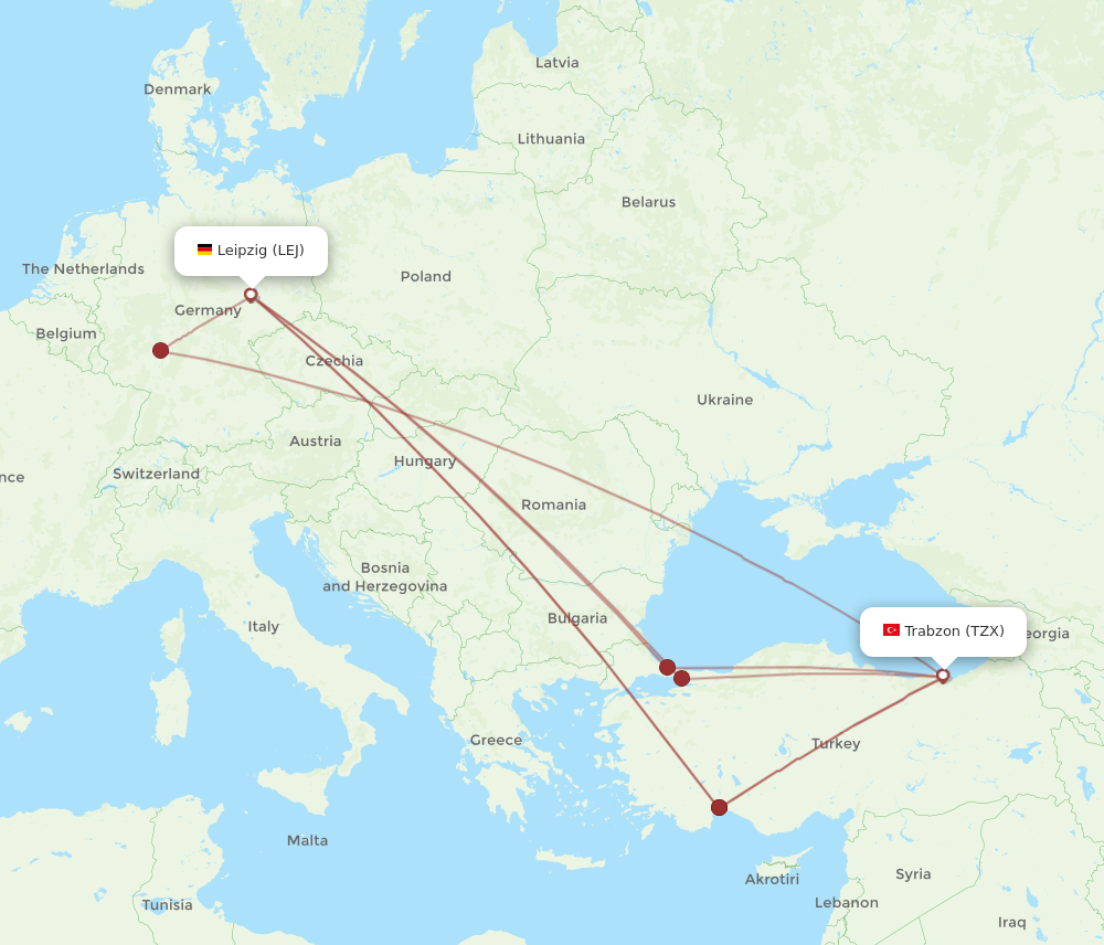 TZX to LEJ flights and routes map