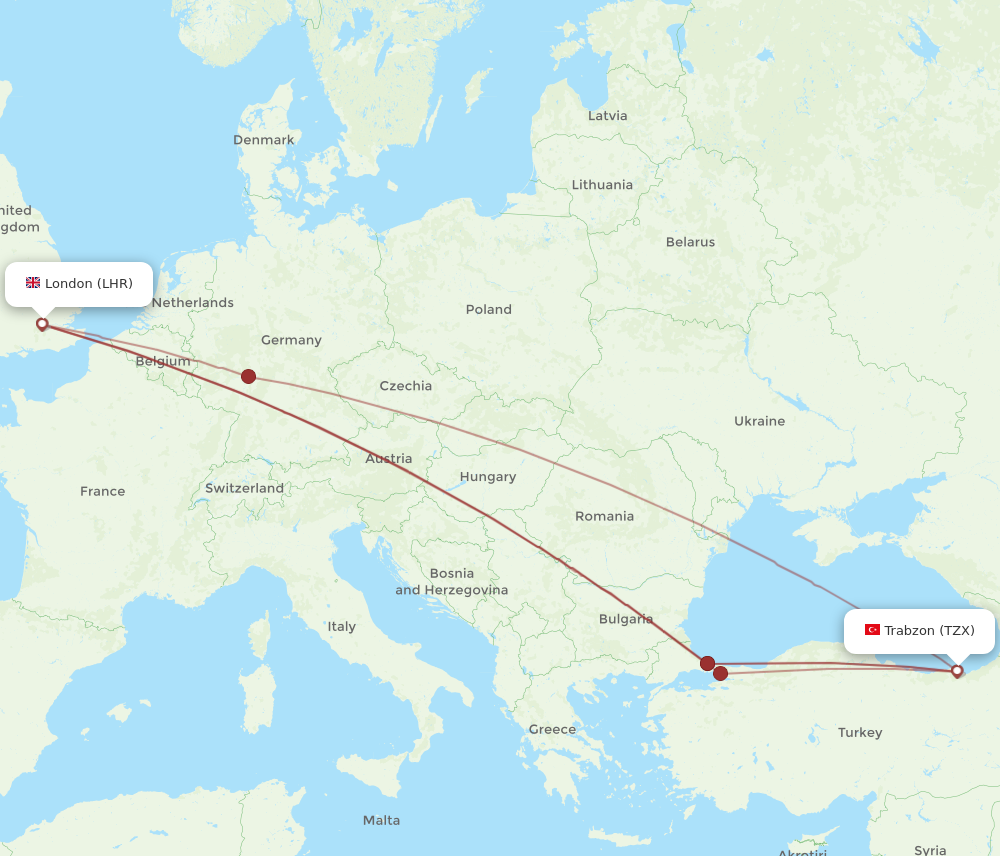 TZX to LHR flights and routes map