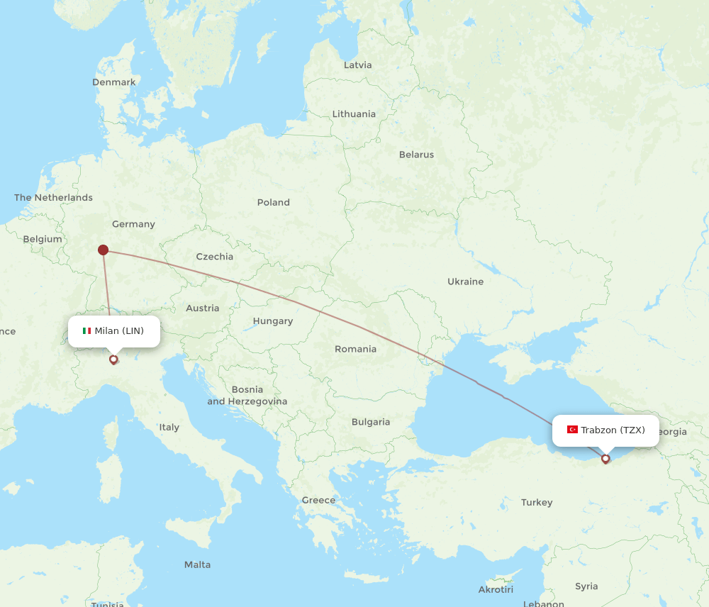Milan - Trabzon route map and flight paths