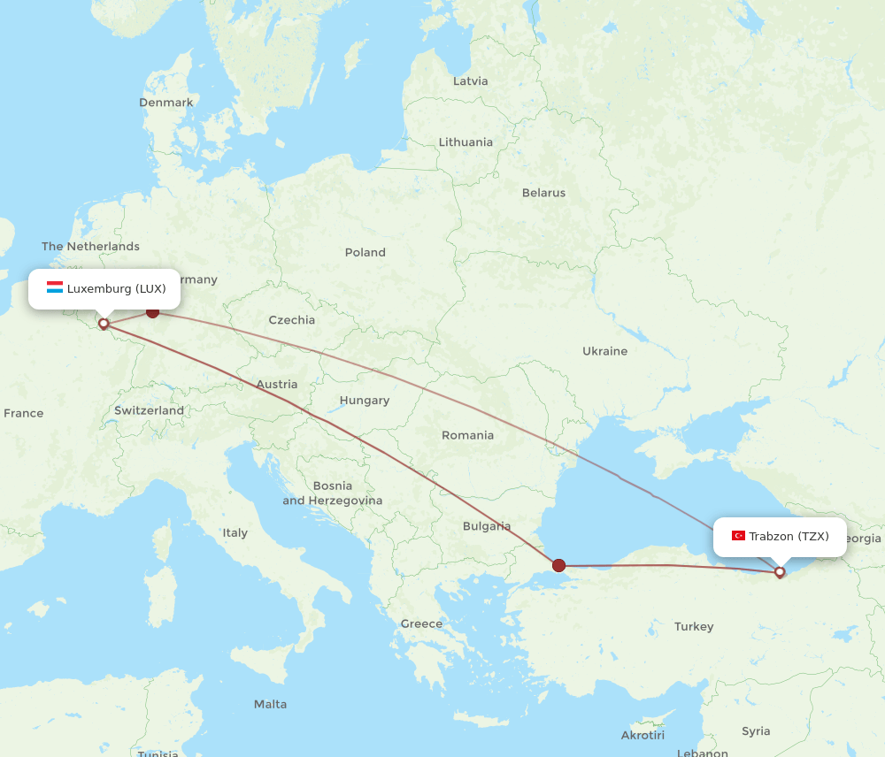 TZX to LUX flights and routes map