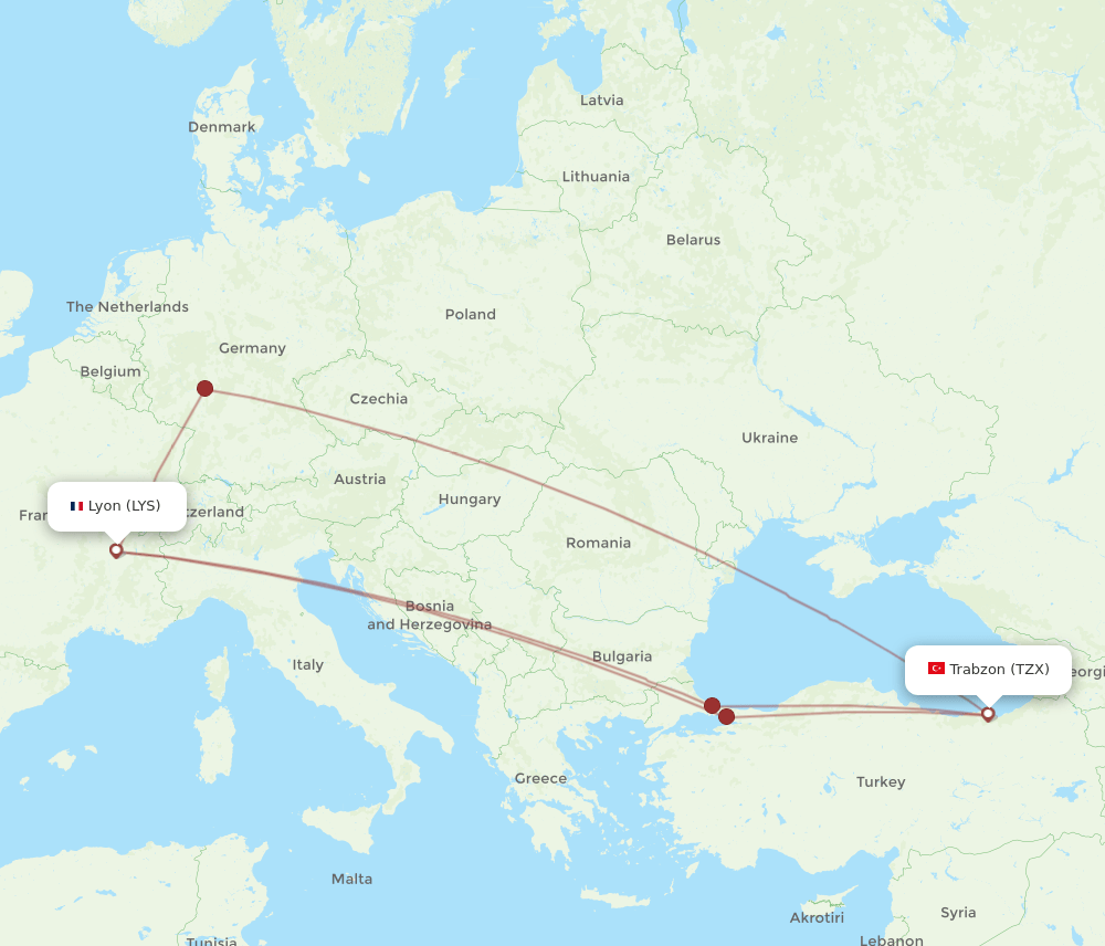 TZX to LYS flights and routes map