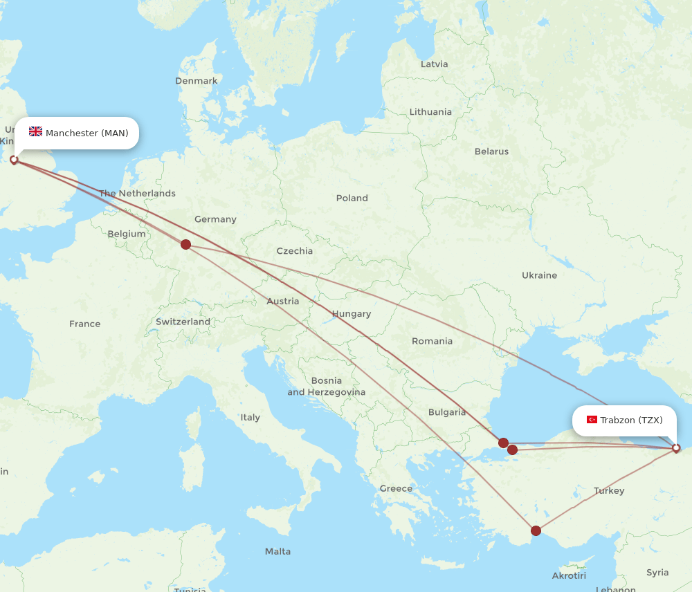 TZX to MAN flights and routes map