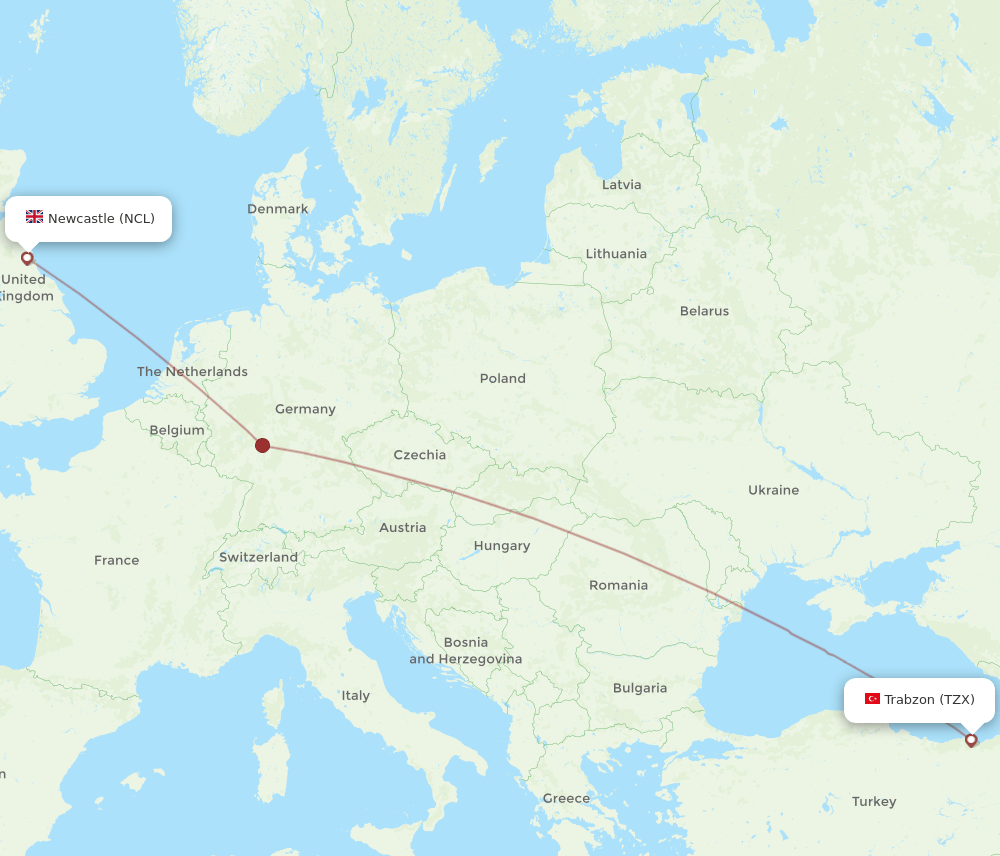 Newcastle - Trabzon route map and flight paths