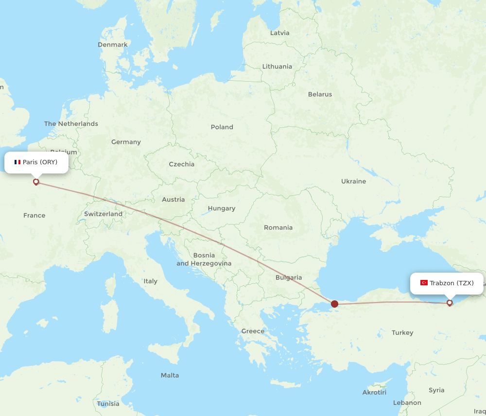 TZX to ORY flights and routes map