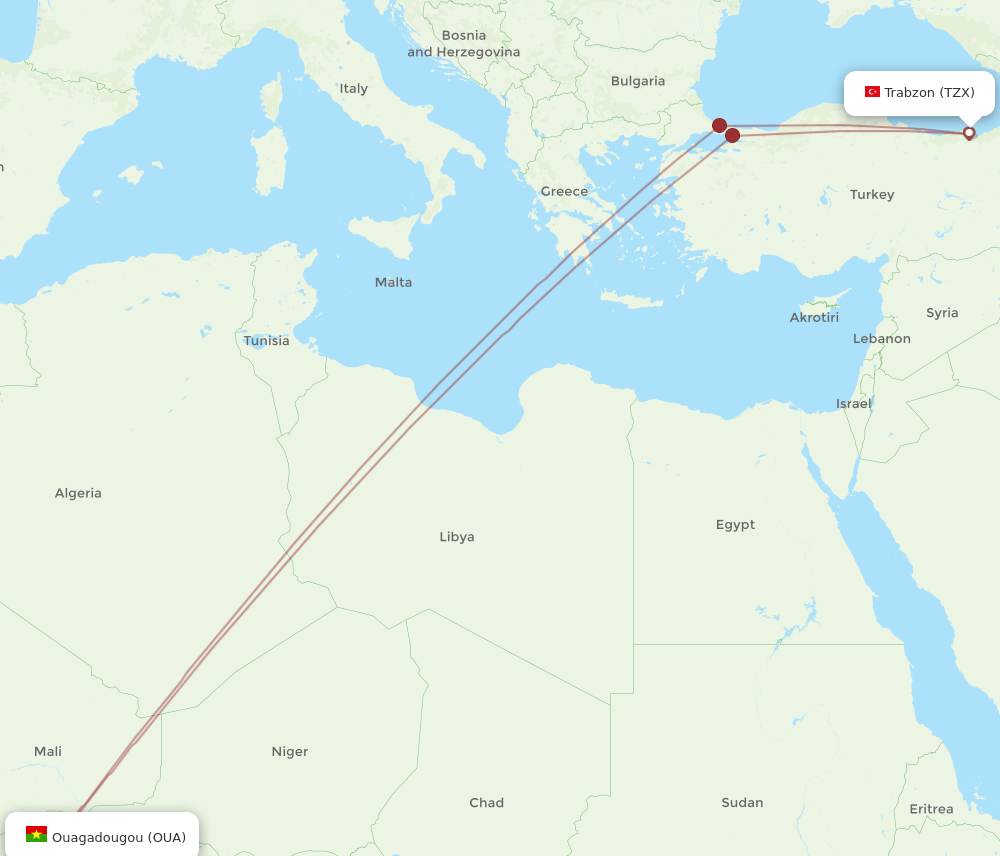 TZX to OUA flights and routes map