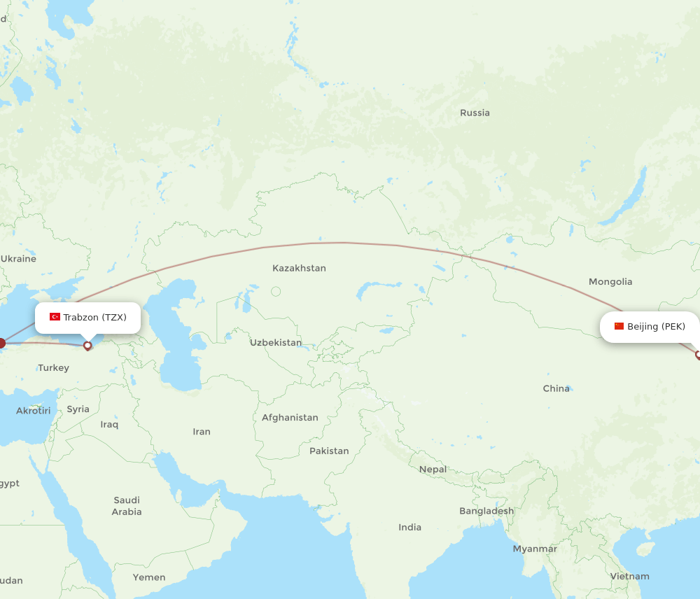 TZX-PEK flight routes