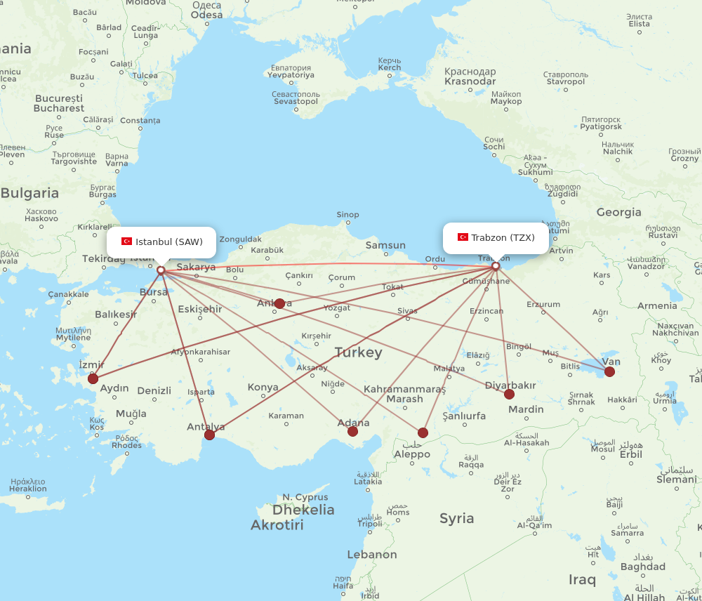 TZX to SAW flights and routes map