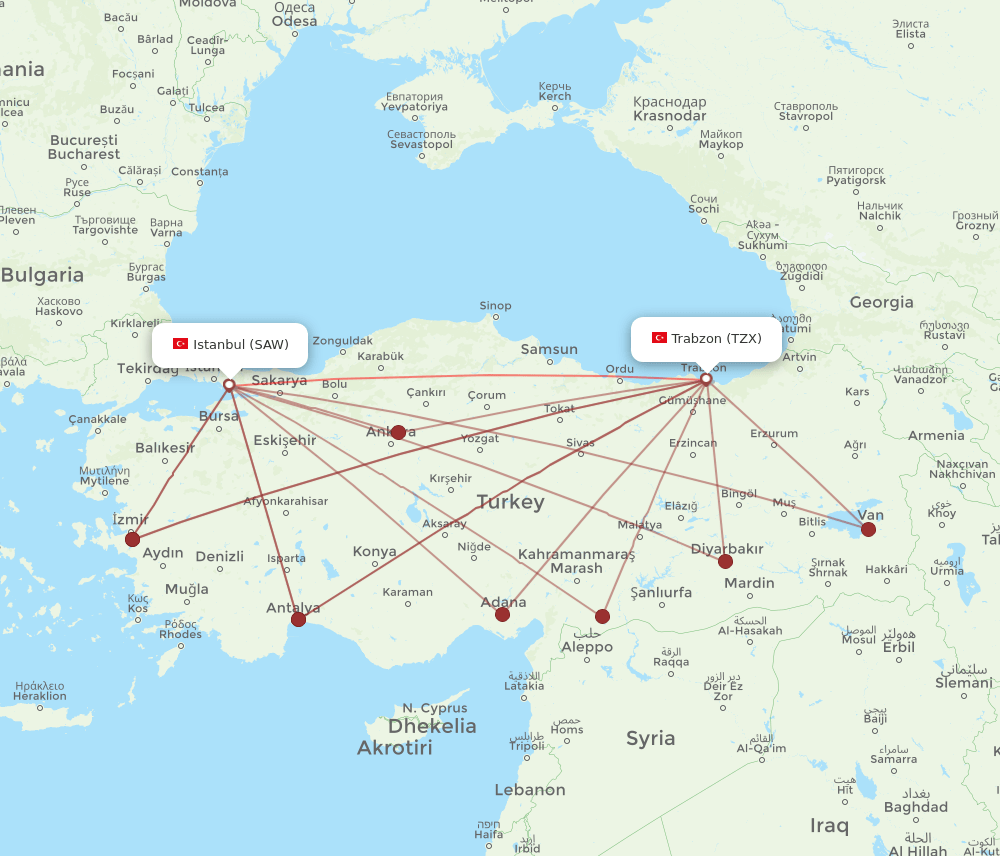 TZX to SAW flights and routes map