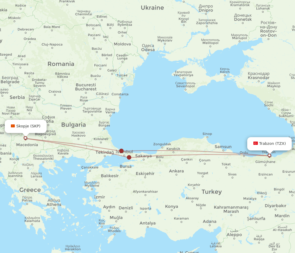 TZX to SKP flights and routes map