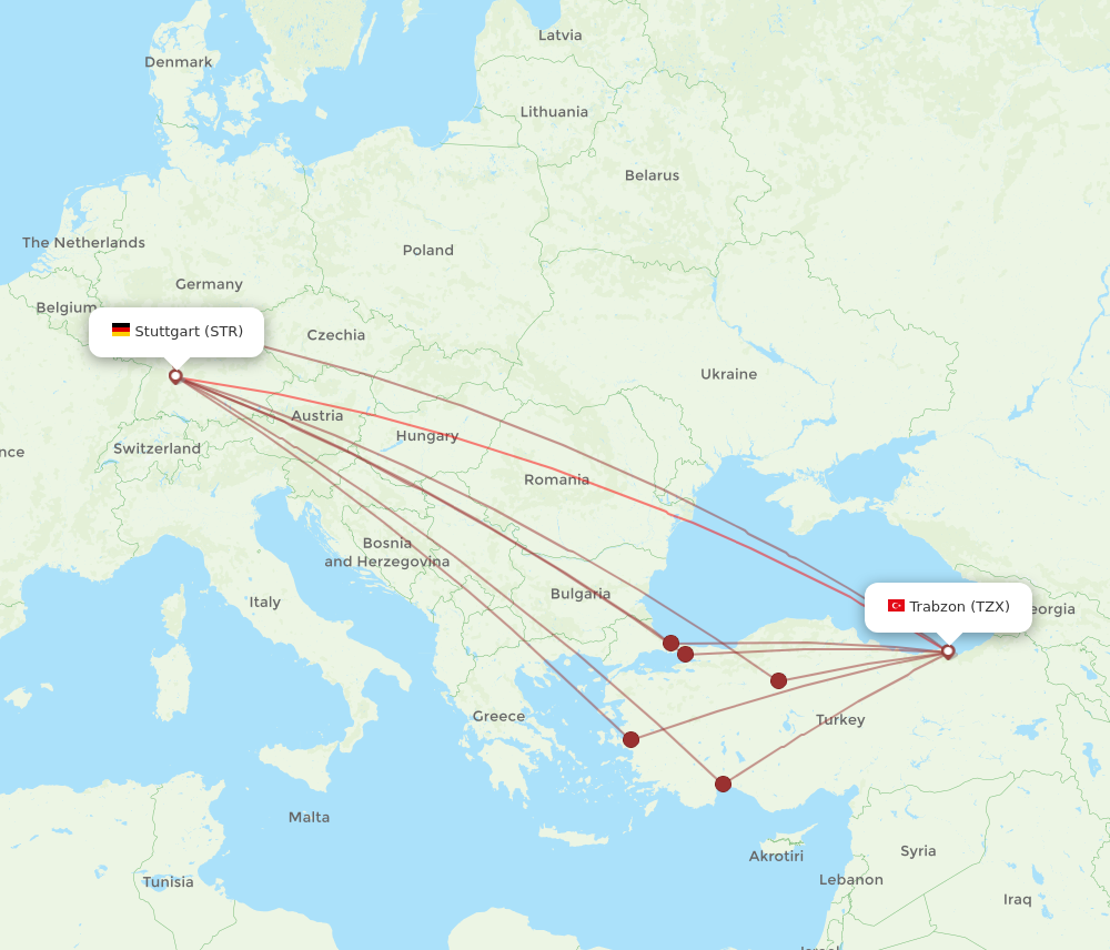 TZX to STR flights and routes map
