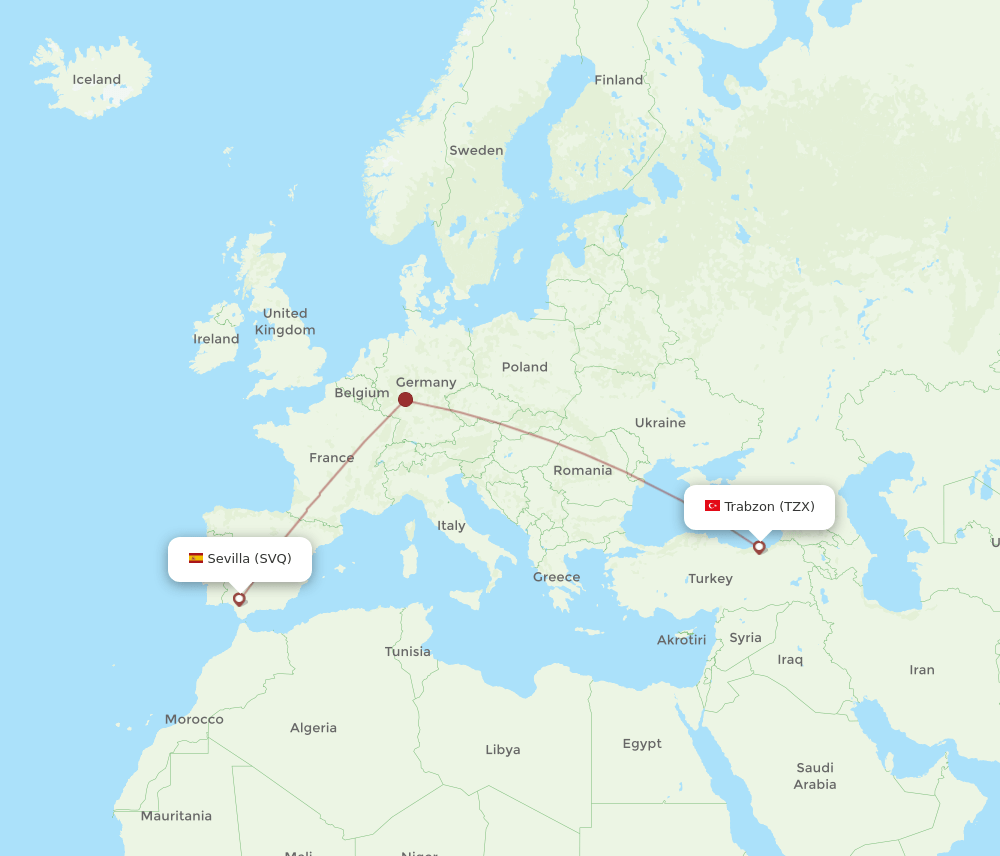 Sevilla - Trabzon route map and flight paths