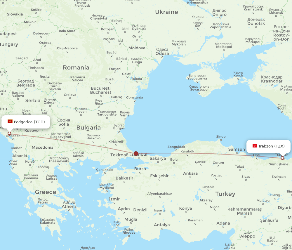 TZX to TGD flights and routes map