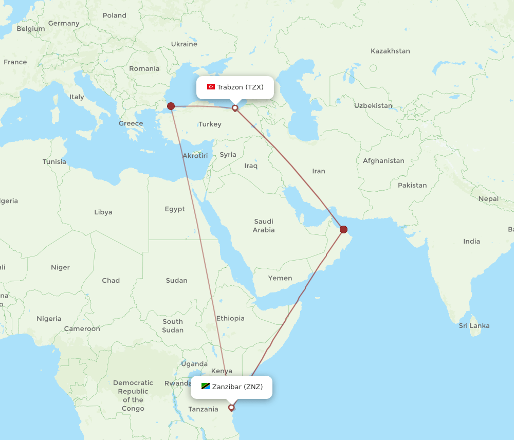 Zanzibar - Trabzon route map and flight paths