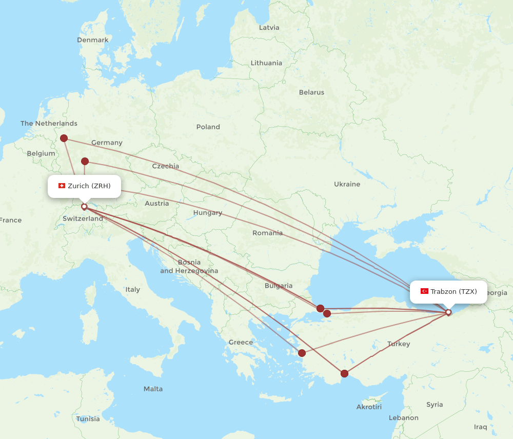 Zurich - Trabzon route map and flight paths