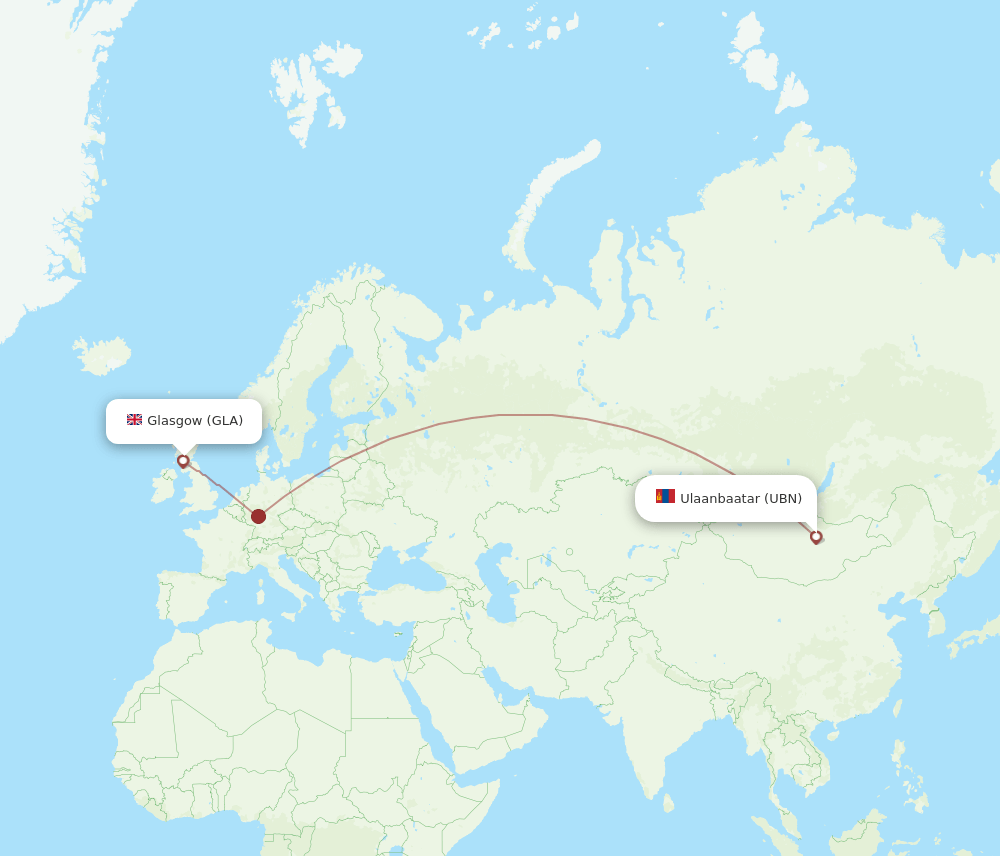 Glasgow - Ulaanbaatar route map and flight paths