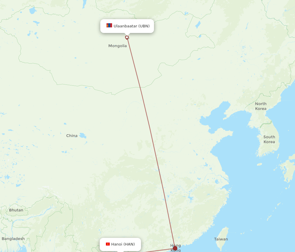 Hanoi - Ulaanbaatar route map and flight paths