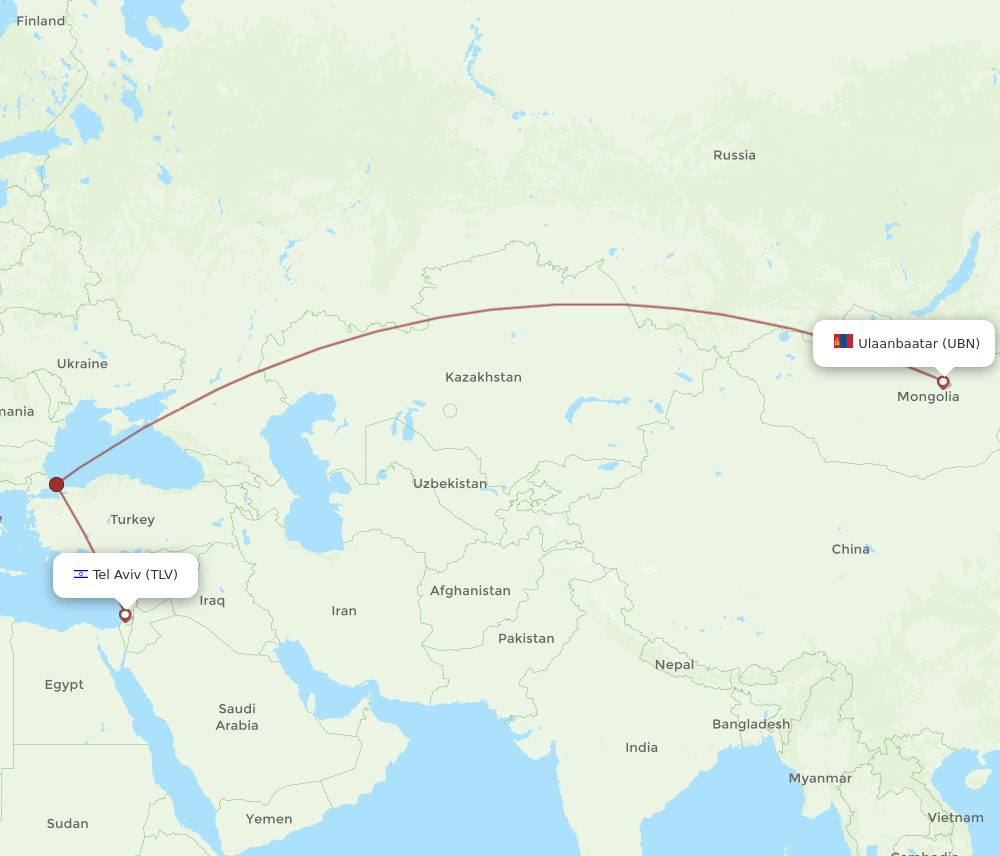 Ulaanbaatar - Tel Aviv-Yafo route map and flight paths