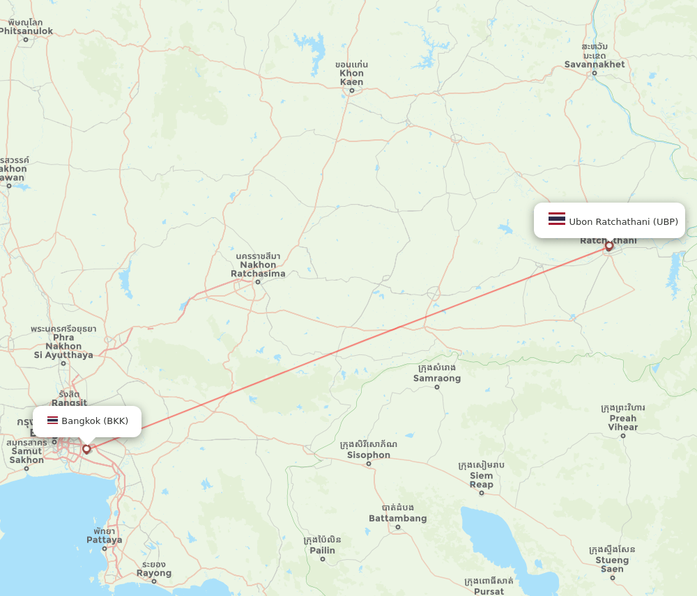 Ubon Ratchathani - Bangkok route map and flight paths